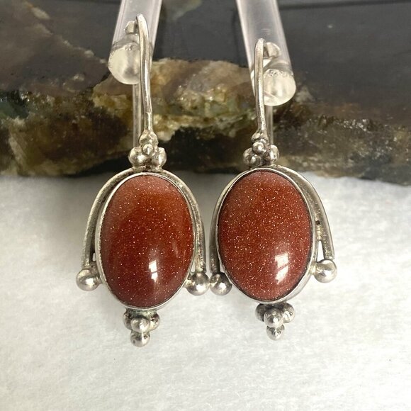 Suarti Sterling Silver 925 BA Oval Goldstone Dangle Kidney Wire Earrings - Picture 12 of 16